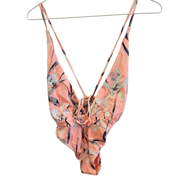 Maaji Reversible Floral Plunge Coral Peach Swimsuit NEW - Picture 2 of 9